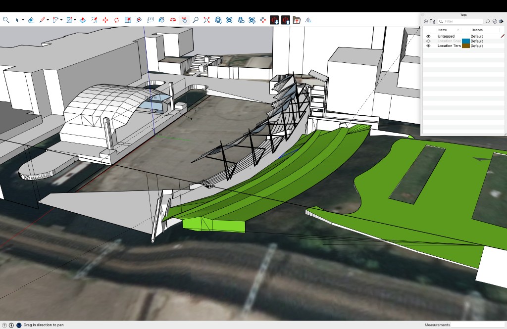 SketchUp venue model with stage, seating and site context