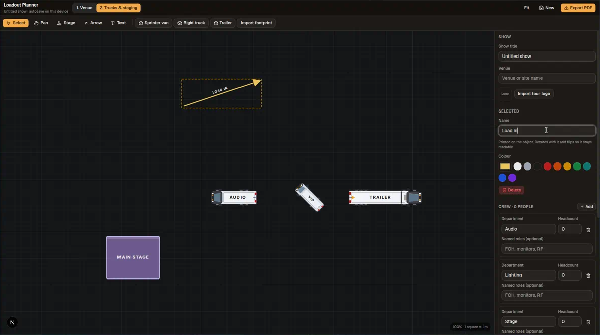 Loadout Planner — venue drawing with trucks, stage and crew