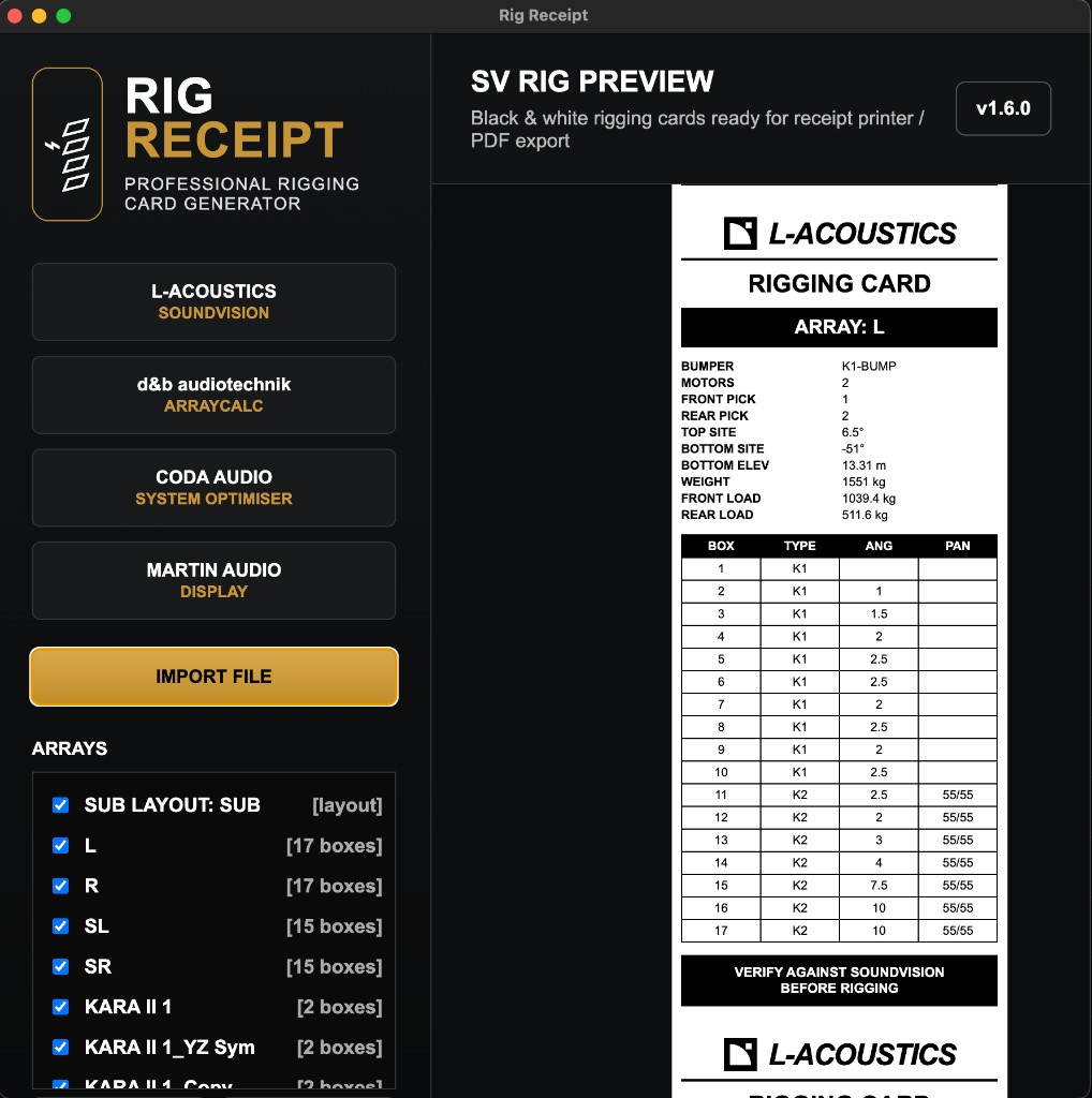 Rig Receipt app — rigging card preview for thermal printing
