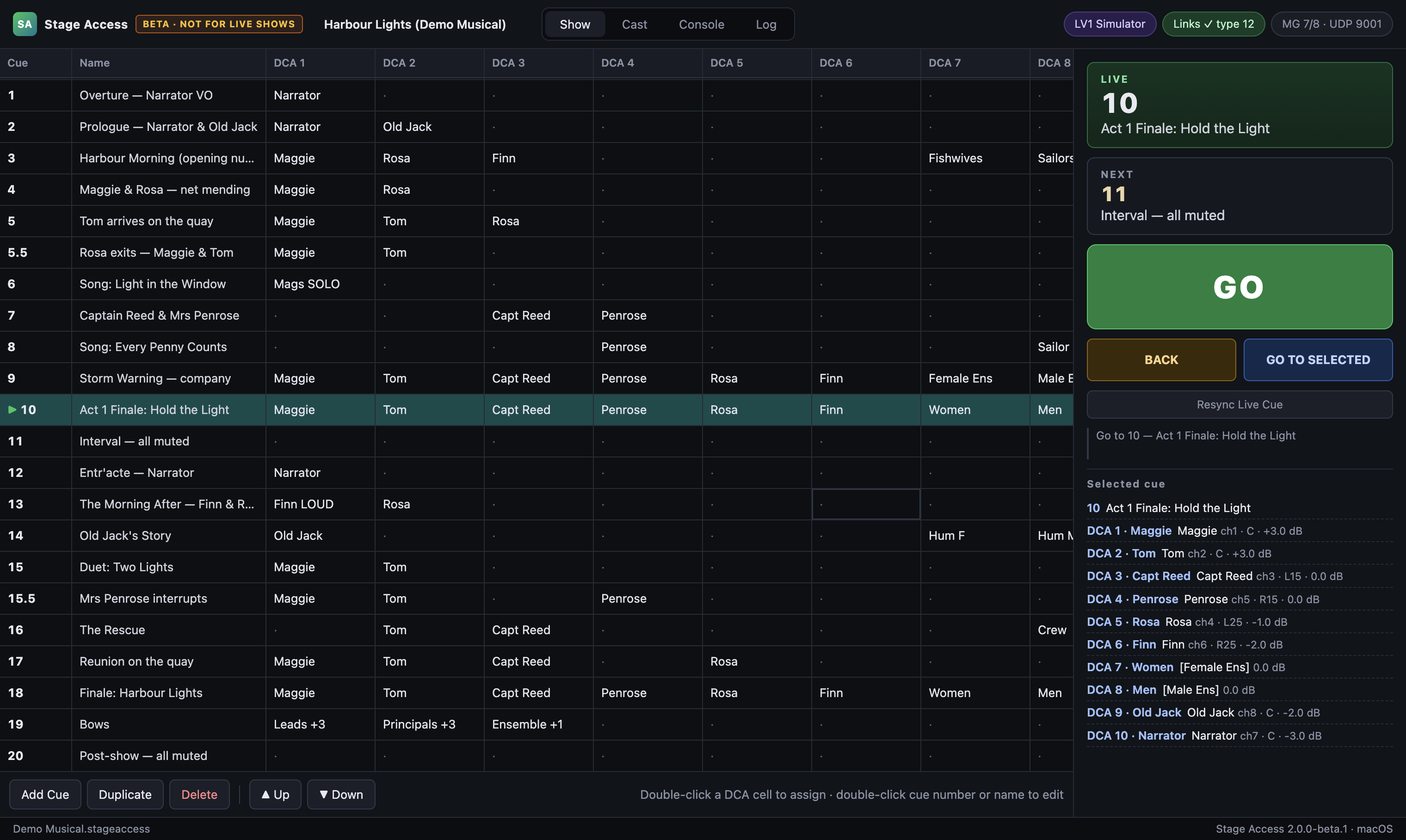 Stage Access — cue stack for a demo musical with characters on LV1 links